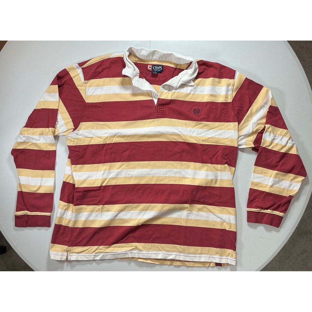 Y2K Chaps Rugby Shirt 2XL Colorblock Red Yellow White Stripe Long Sleeve Preppy